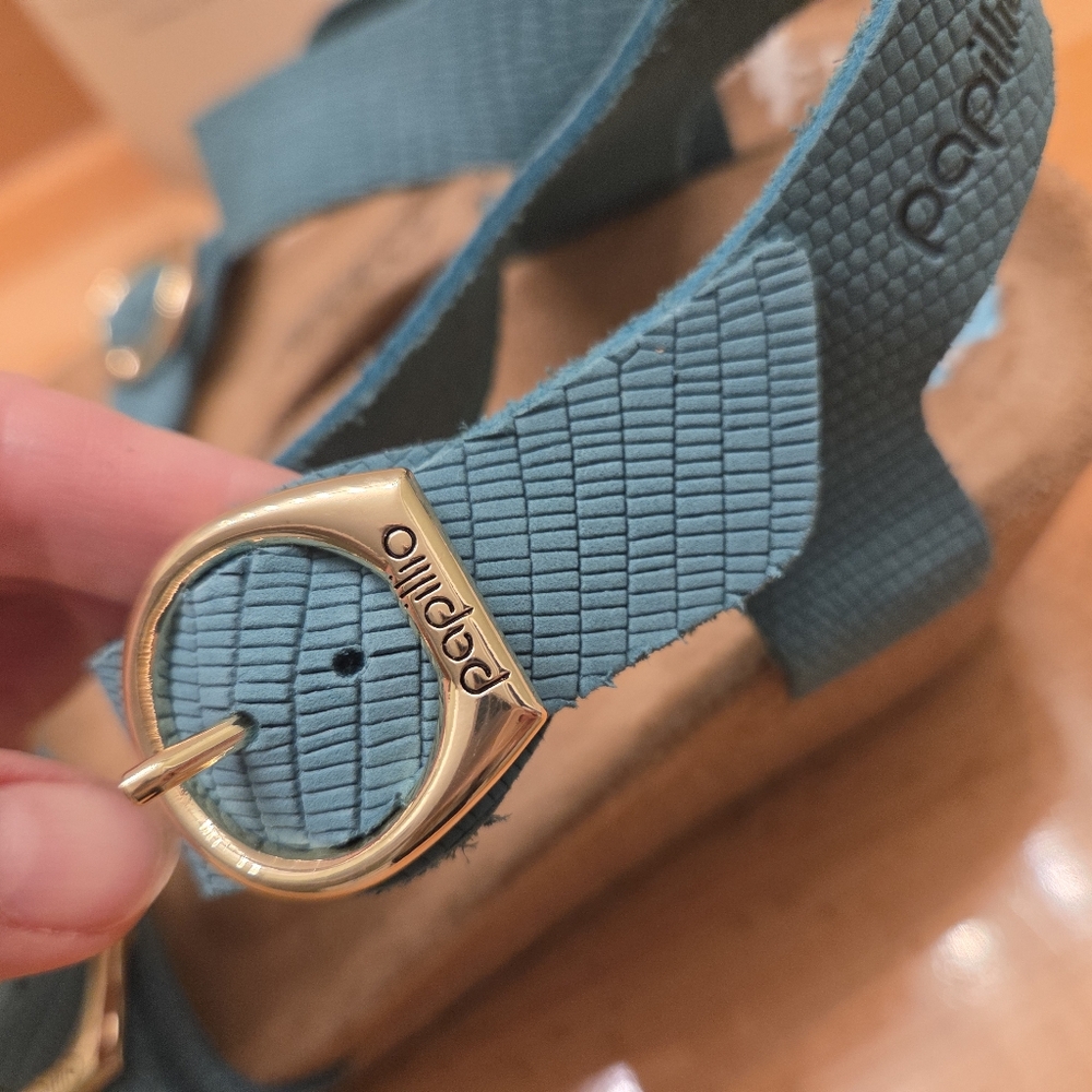 Birkenstock Papillio Sibyl Embossed Leather Wedge Sandals Biscay Bay Size 37 NEW - Picture 4 of 10